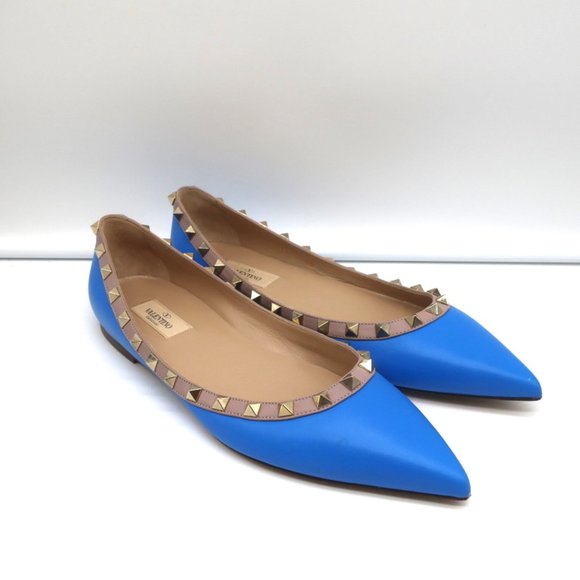 VALENTINO ROCKSTUD BALLET FLATS BLUE & POUDRE LEATHER SIZE 40 POINTED TOE - Picture 3 of 12